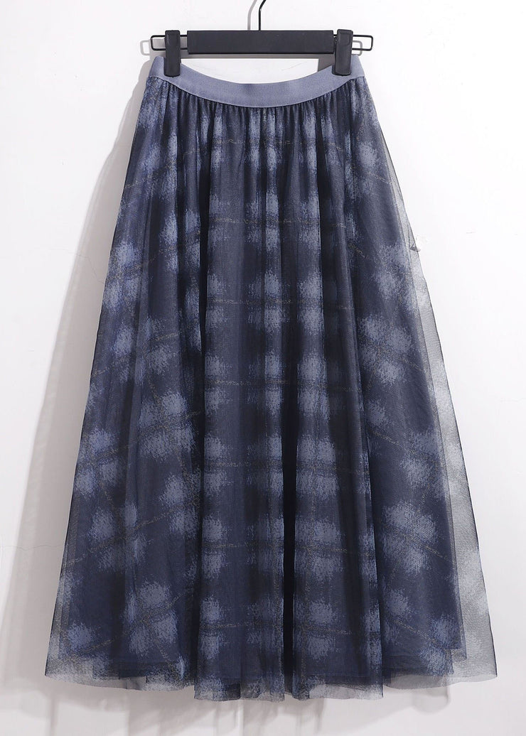 Bohemian Blue Elastic Waist Print Tulle Skirt Spring