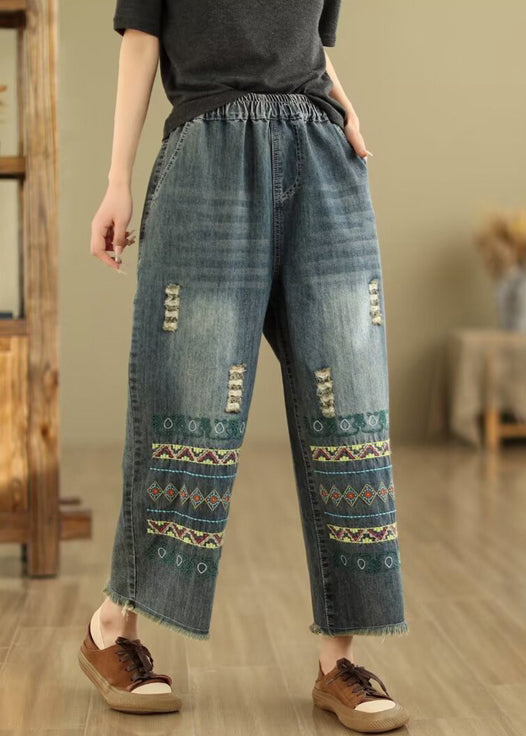 Bohemian Blue Embroidered Pockets Denim Wide Leg Pants Spring