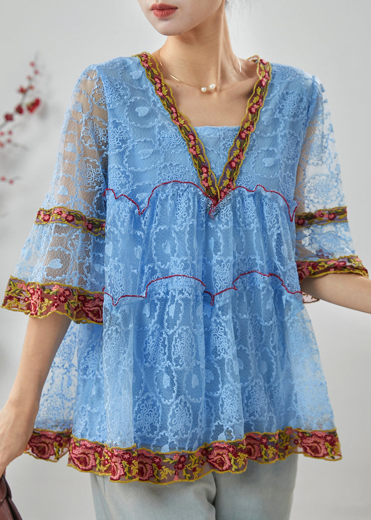 Bohemian Blue Embroidered Ruffled Lace Shirt Summer