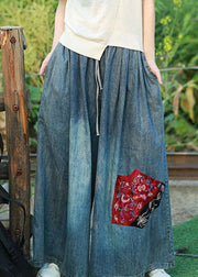 Bohemian Blue Embroideried Floral Pockets Elastic Waist Tie Waist Wide Leg Pants Summer