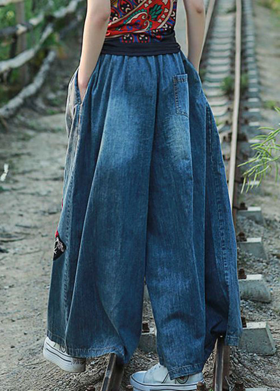 Bohemian Blue Embroideried Floral Pockets Elastic Waist Tie Waist Wide Leg Pants Summer