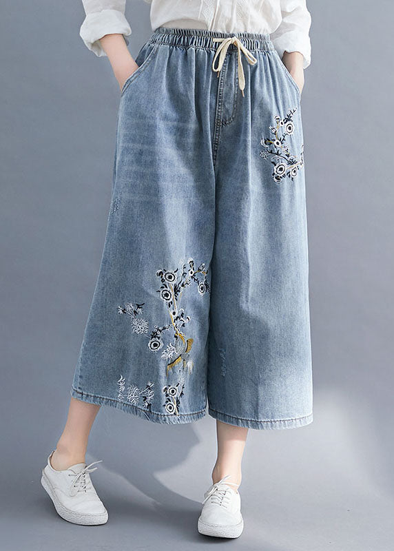 Bohemian Blue Embroideried Pockets Patchwork Denim Wide Leg Pants Summer