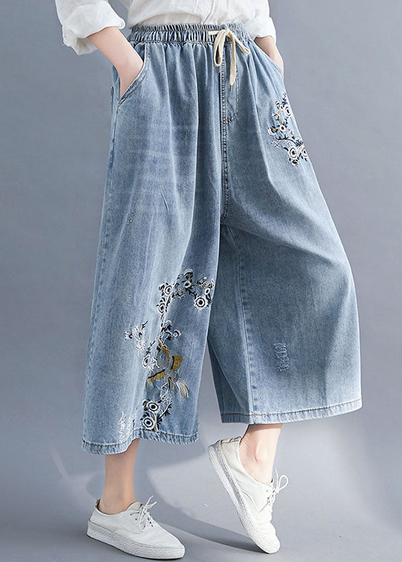 Bohemian Blue Embroideried Pockets Patchwork Denim Wide Leg Pants Summer