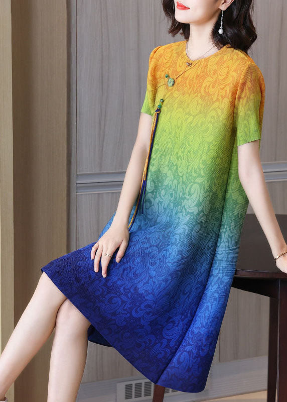 Bohemian Blue Gradient Color O-Neck Tassel Wrinkled Silk Dresses Short Sleeve