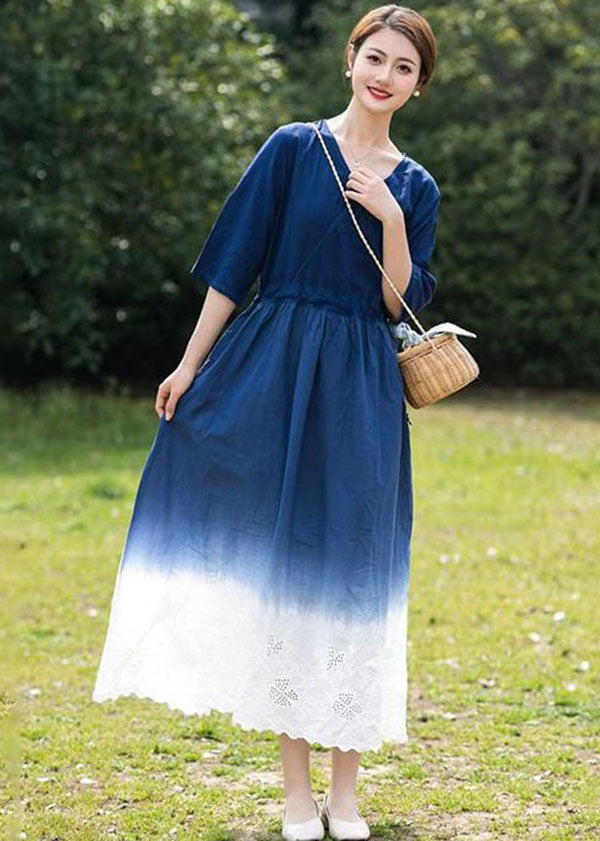 Bohemian Blue Gradient V Neck Hollow Out Patchwork Linen Dress Summer