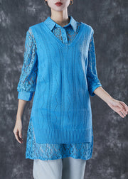 Bohemian Blue Hollow Out Knit Vest And Lace Shirt Two Piece Set Spring