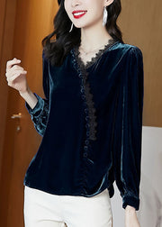 Bohemian Blue Lace Patchwork Silk Velour Blouse Tops Long Sleeve