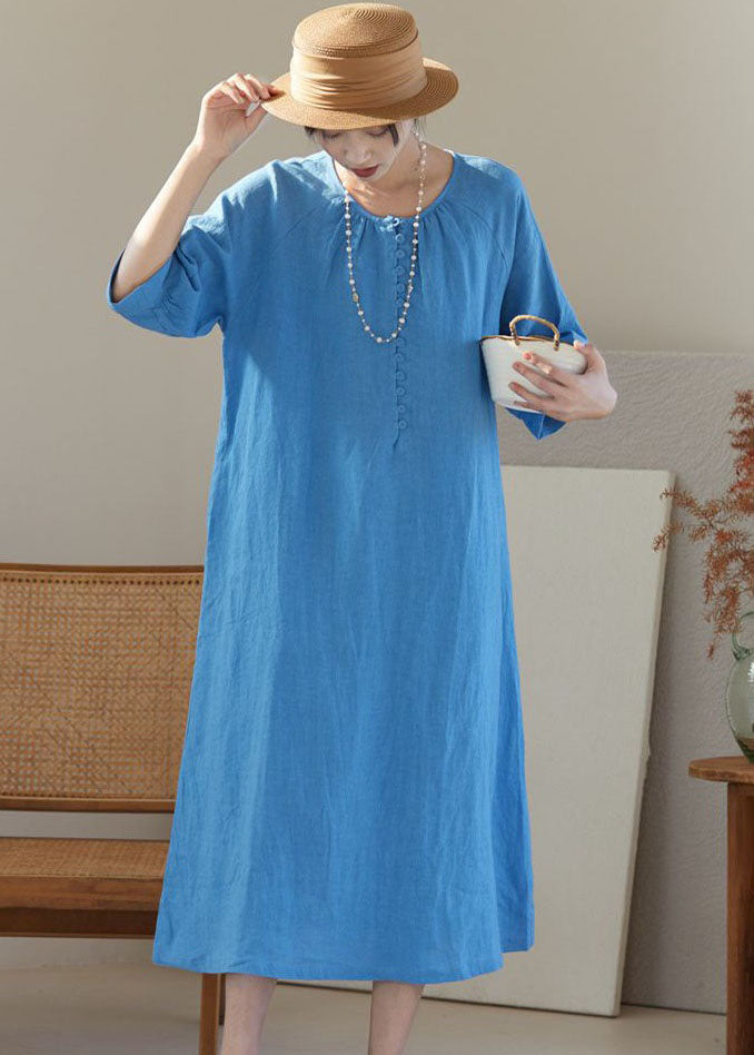 Bohemian Blue O Neck Patchwork Linen Dresses Bracelet Sleeve