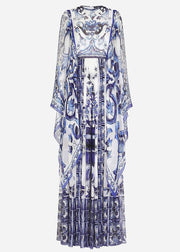 Bohemian Blue O-Neck Print Chiffon Maxi Dress Cloak Sleeves