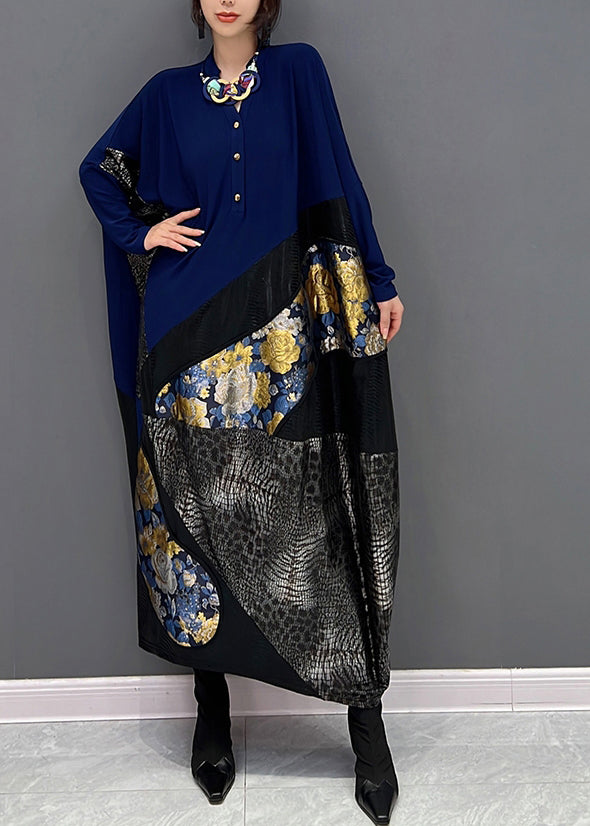 Bohemian Blue O-Neck Print Patchwork Button Long Dress Fall