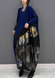 Bohemian Blue O-Neck Print Patchwork Button Long Dress Fall