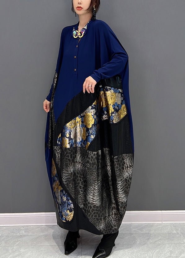 Bohemian Blue O-Neck Print Patchwork Button Long Dress Fall