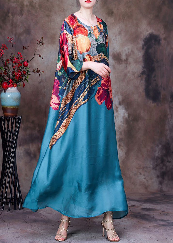 Bohemian Blue O-Neck Print Silk Party Dress Long Sleeve