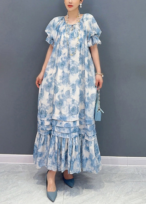 Bohemian Blue O-Neck Ruffled Patchwork Print Chiffon Maxi Dresses Summer