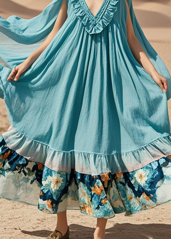 Bohemian Blue Oversized Patchwork Cotton Maxi Dress Summer