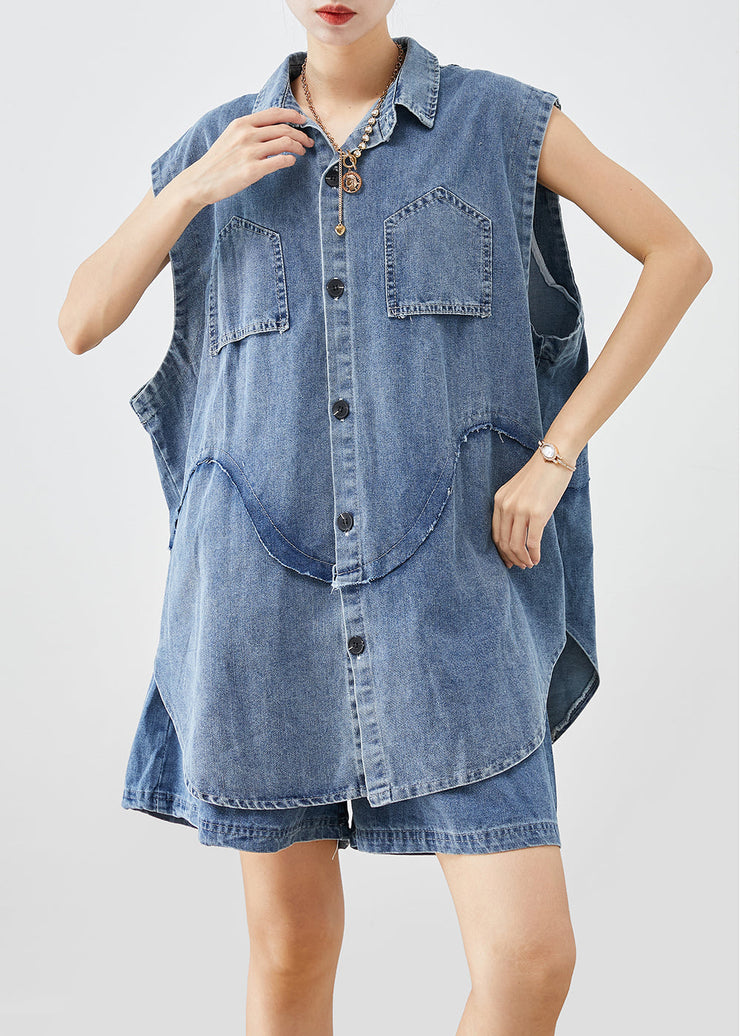 Bohemian Blue Oversized Patchwork Denim Two Piece Set Outfits Sleeveless