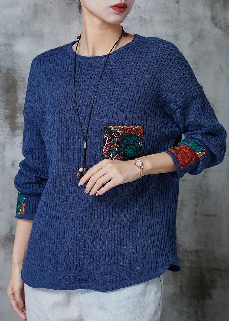 Bohemian Blue Oversized Patchwork Pocket Knit Sweater Spring