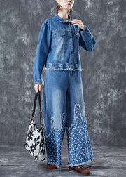 Bohemian Blue Oversized Patchwork Tassel Denim Two-Piece Set Spring