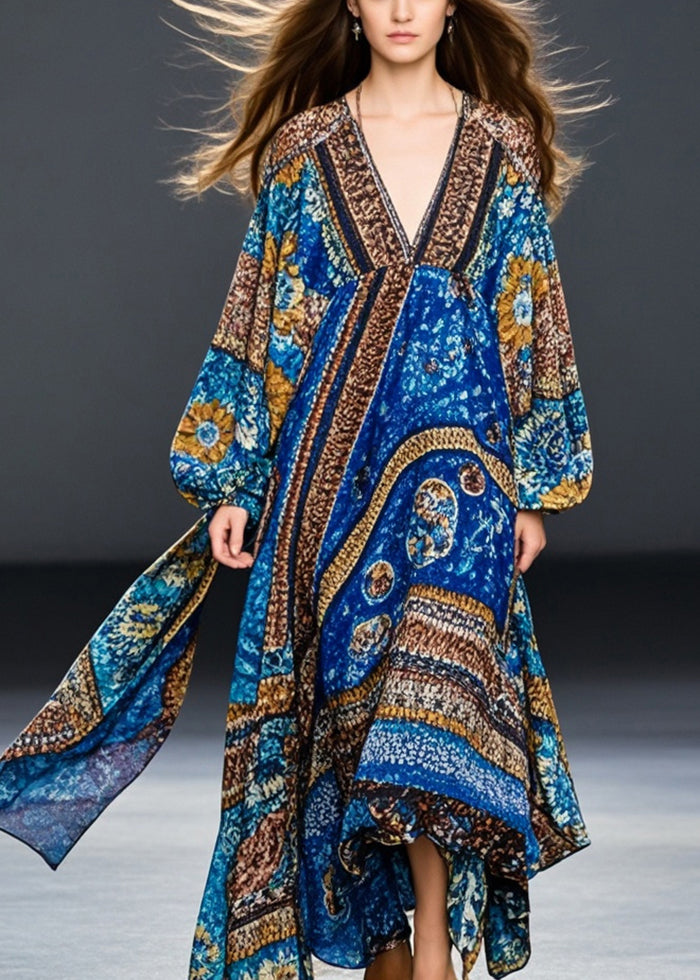 Bohemian Blue Oversized Print Cotton Maxi Dresses Fall