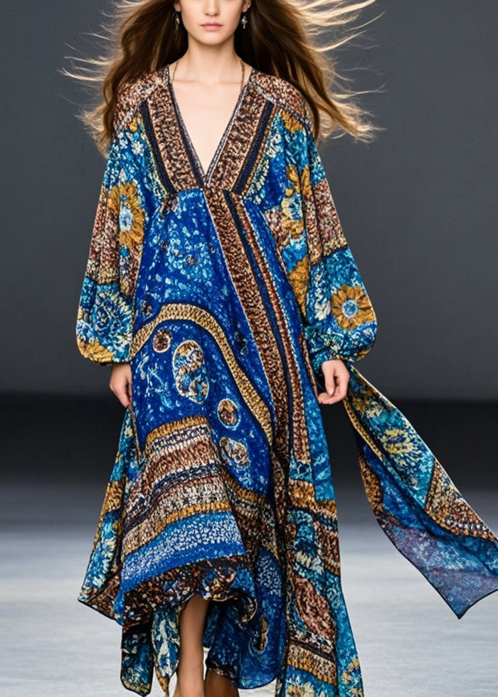 Bohemian Blue Oversized Print Cotton Maxi Dresses Fall