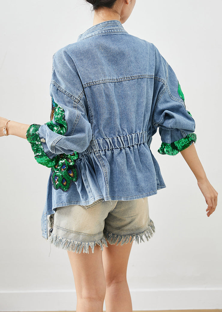 Bohemian Blue Peacock Sequins Elastic Waist Denim Coats Fall