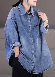 Bohemian Blue Peter Pan Collar Patchwork Button Denim Shirt Fall