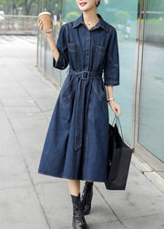 Bohemian Blue Peter Pan Collar Patchwork Sashes Long Denim Dresses Fall