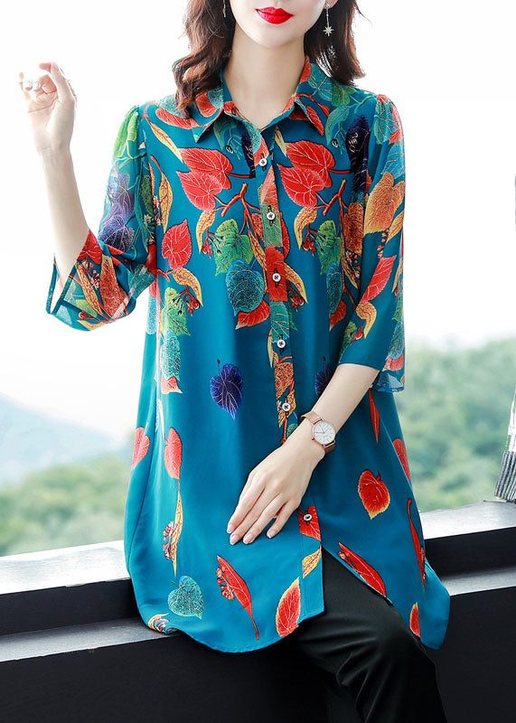 Bohemian Blue Print Button Patchwork Chiffon Shirts Tops Bracelet Sleeve