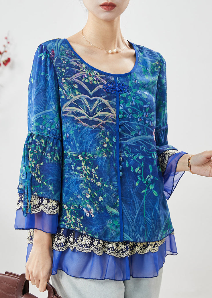 Bohemian Blue Print Patchwork Chiffon Shirt Spring