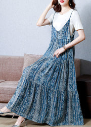 Bohemian Blue Print Patchwork Exra Large Hem Cotton Spaghetti Strap Dress Two Piece Set Summer