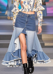 Bohemian Blue Ruffles Patchwork Side Open Denim Skirts Spring