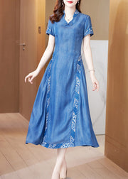 Bohemian Blue Stand Collar Embroideried Butto Silk Denim Maxi Dresses Short Sleeve