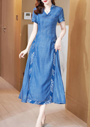 Bohemian Blue Stand Collar Embroideried Butto Silk Denim Maxi Dresses Short Sleeve