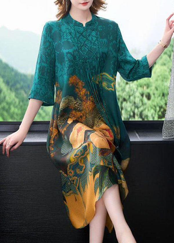 Bohemian Blue Stand Collar Print Tassel Silk Long Dress Half Sleeve