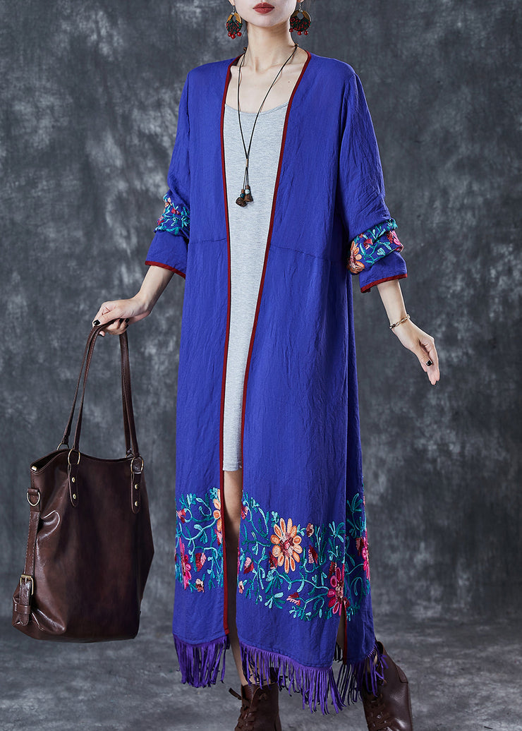 Bohemian Blue Tasseled Embroidered Cotton Cardigan Fall