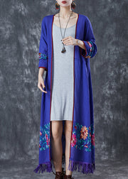 Bohemian Blue Tasseled Embroidered Cotton Cardigan Fall