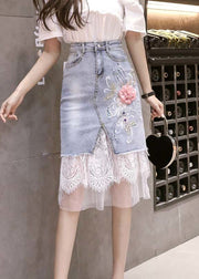 Bohemian Blue Tulle Patchwork Floral Button Denim Skirt