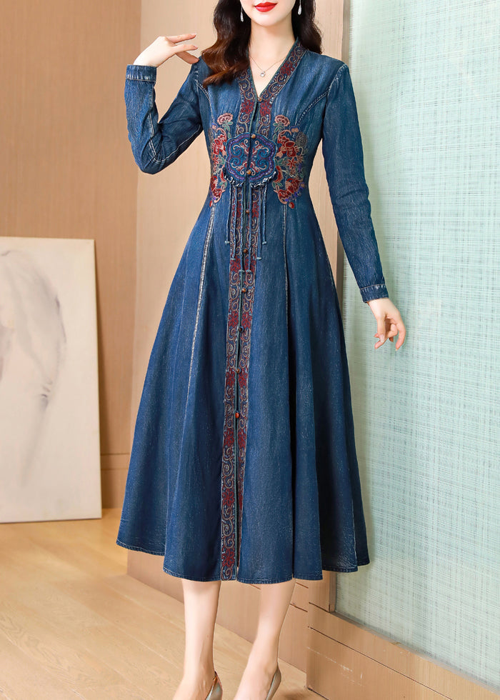 Bohemian Blue V Neck Embroidered Patchwork Denim Dresses Fall