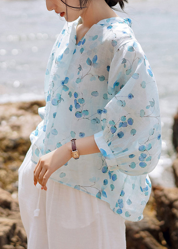 Bohemian Blue V Neck Print Linen Shirt Tops Lantern Sleeve