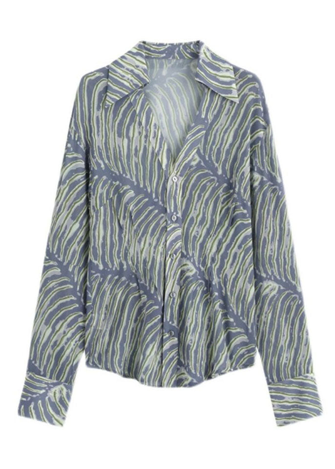 Bohemian Blue V Neck Striped Print Chiffon Shirt Top Spring