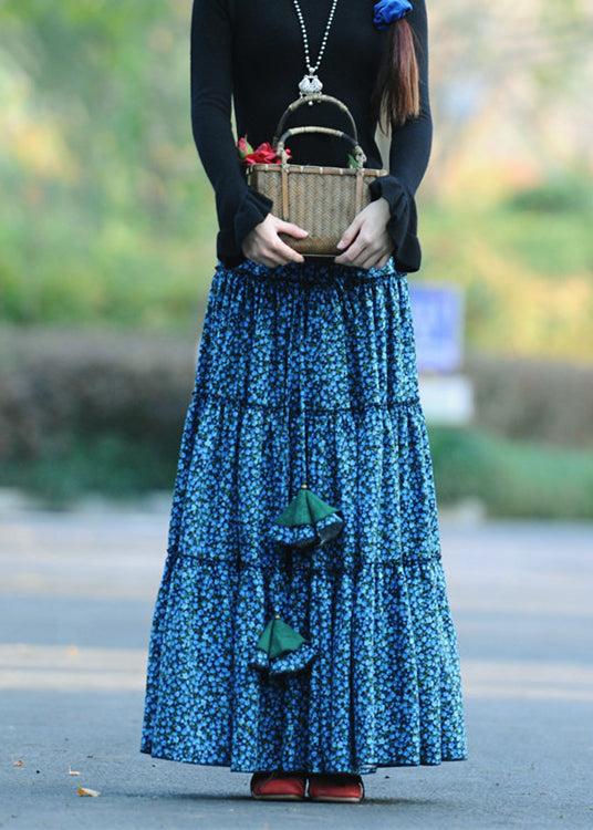 Bohemian Blue Wrinkled Print Patchwork Corduroy Skirts Spring