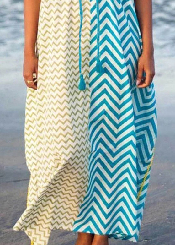 Bohemian Blue Yellow Striped Patchwork Drawstring Tie Waist Maxi Dresses Summer