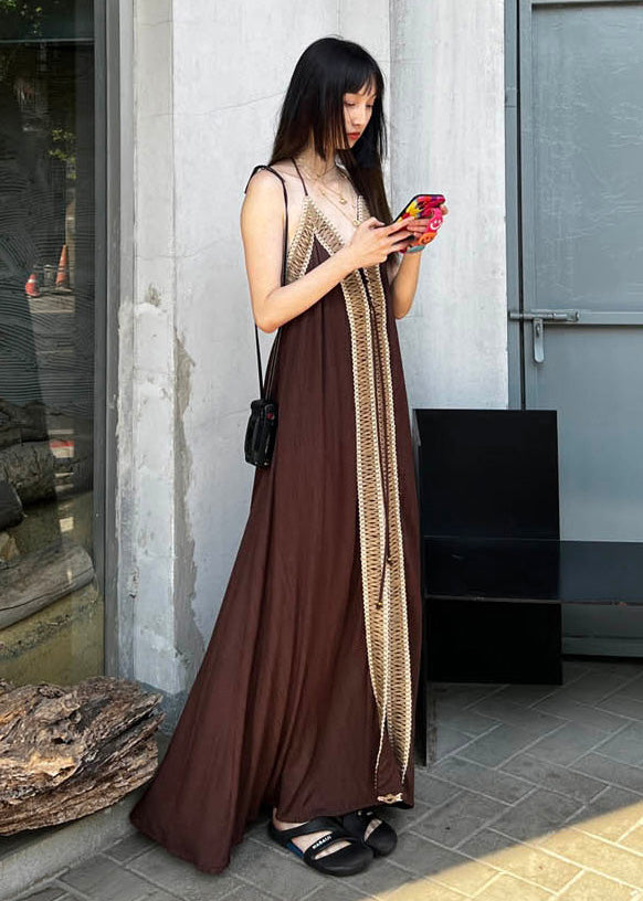 Bohemian Brown Backless Patchwork Cotton Spaghetti Strap Dress Summer