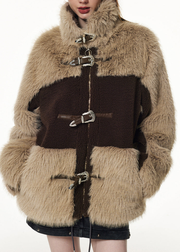 Bohemian Brown Chocolate Stand Collar Patchwork Zippered Button Faux Fur Coats Winter