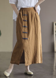 Bohemian Brown Elastic Waist Side Open Linen Skirt Summer