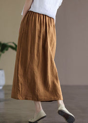 Bohemian Brown Elastic Waist Side Open Linen Skirt Summer