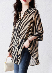 Bohemian Brown Oversized Striped Chiffon Shirt Top Summer