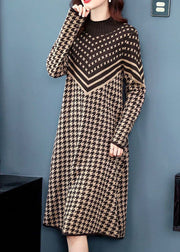 Bohemian Camel High Neck Print Long Knit Dress Long Sleeve