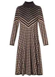 Bohemian Camel High Neck Print Long Knit Dress Long Sleeve