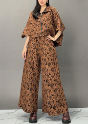 Bohemian Chocolate Print Zippered Top And Wide Leg Pants Two Piece Set Fall